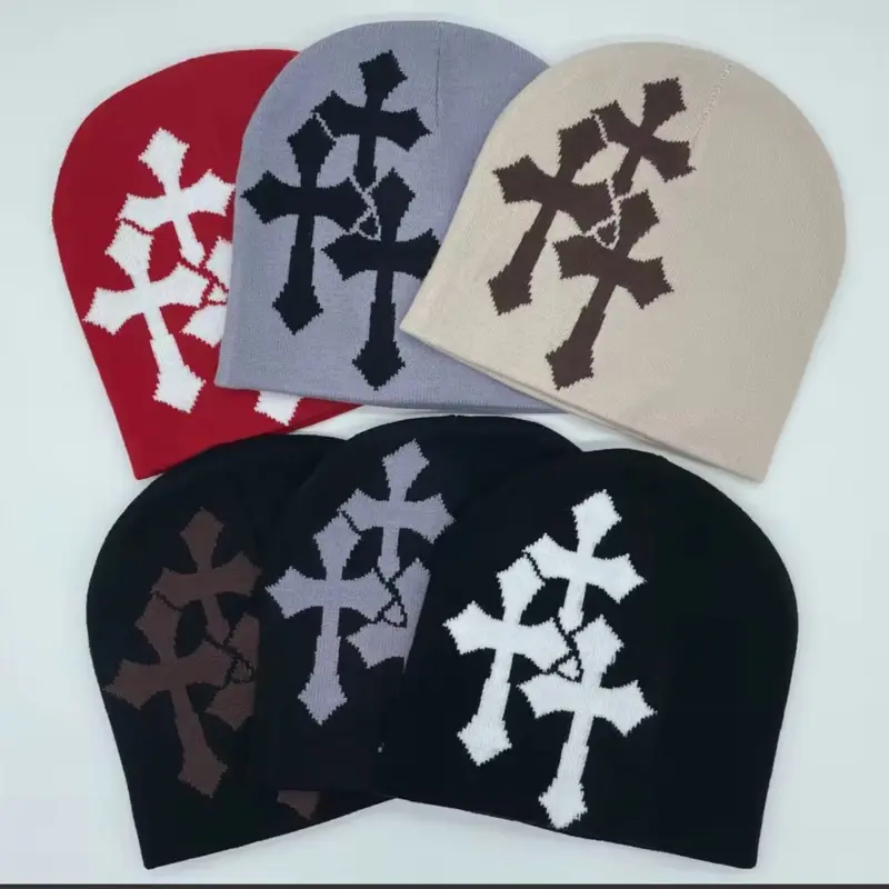 Y2K Cross Jacquard Knitted Beanie Hat