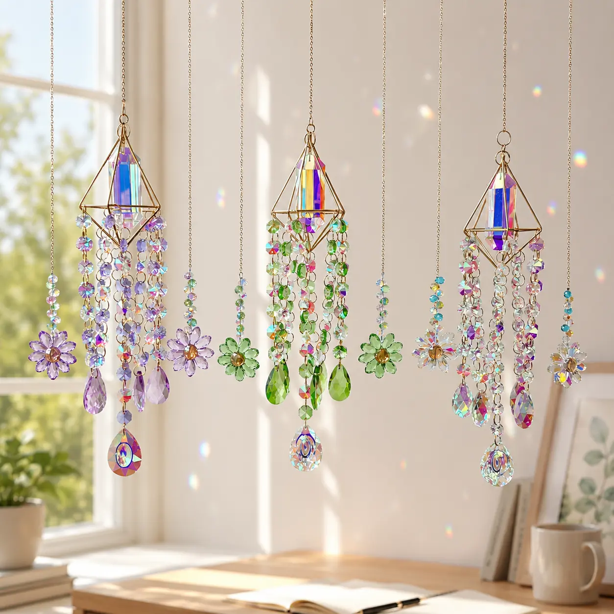 Flower Glass Bead Suncatcher Ornament for Windows, Handmade Beaded Sun Catcher, Rainbow Window Hanger Hanging Decor, Boho Wall Hanging Chandelier, Unique Quirky Home Decor, Bedroom Living Room Decor, Girly Room Accessories Gift