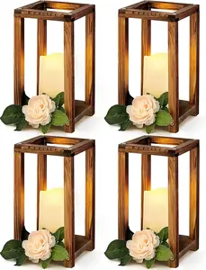 8 Pcs Wooden Wedding Lantern Centerpiece for Table Decoration Includes 4 Farmhouse Candle Holder and 4 Flameless Decorative LED Candles for Rustic Home Wedding Decor(Dark Brown)