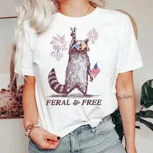 Feral and Free Funny Raccoon 4th of July Shirt, Patriotic Merica Graphic T-Shirt, Retro USA Independence Day Tee, Cute Raccoon America Shirt, Summer Outfit for Women and Men - HARSIN
