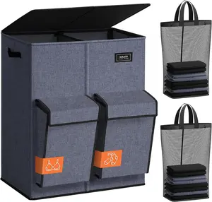 SOLEDI Double Laundry Hamper with Lid, 47.8 Gal (180L) Large Laundr Basket 2 Section with 2 Side Pockets, Dirty Clothes Hamper with Removable Bag, Easy to Carry for Laundry Room, Bedroom, Navy Blue