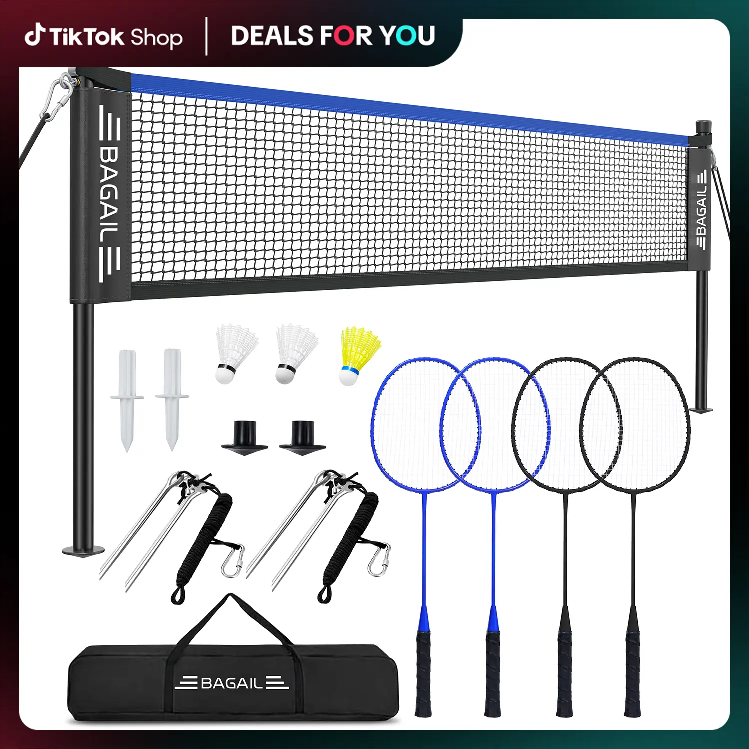【BackToSchool】BAGAIL Outdoor Badminton Net Set with Anti-Sag Winch System - Official Size 20ft x 5ft, 4 Rackets, 3 Shuttlecocks, Durable PE Net & Carry Bag for Backyard, Beach, Family Games sport