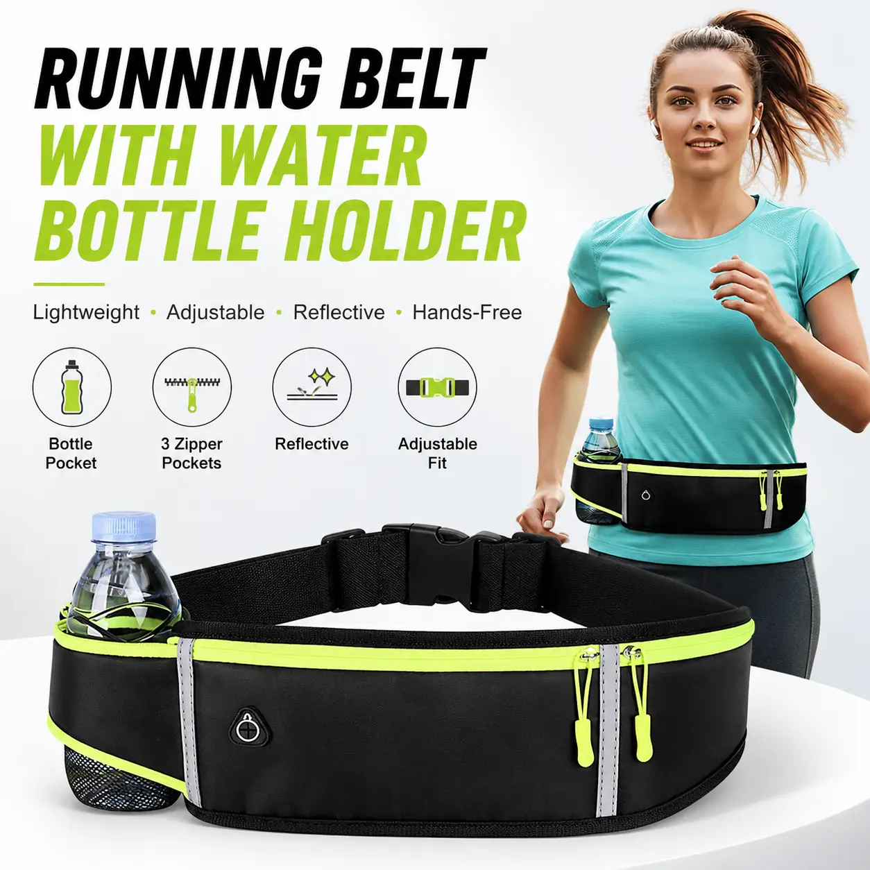 Unisex Snug Breathable Outdoor Waist Pack - Adjustable Reflective Running Belt with Water Bottle Holder, 3 Zippered Pockets for Running, Hiking, Cycling