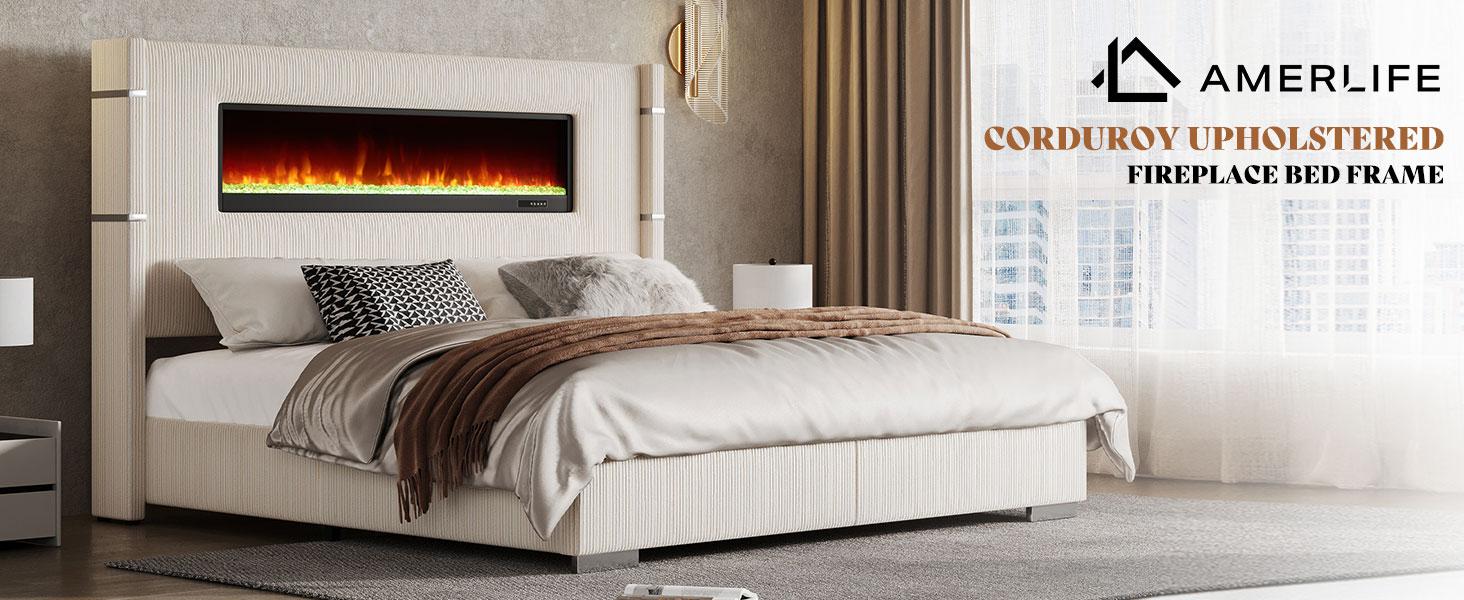 【Ships in 2 Boxes】AMERLIFE Modern Bed Frame with Fireplace, Wingback Platform Bed with 60.4“ Extra Tall Headboard, Corduroy Upholstered Bed Wooden Slats,Best Gift Ideas/Christmas Gifts