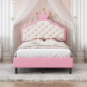 Twin Size Upholstered Princess Bed Frame with Tufted Crown Headboard, Soft Vegan Leather Platform Bed with Strong Wood Slat Support, No Box Spring Needed, Pink