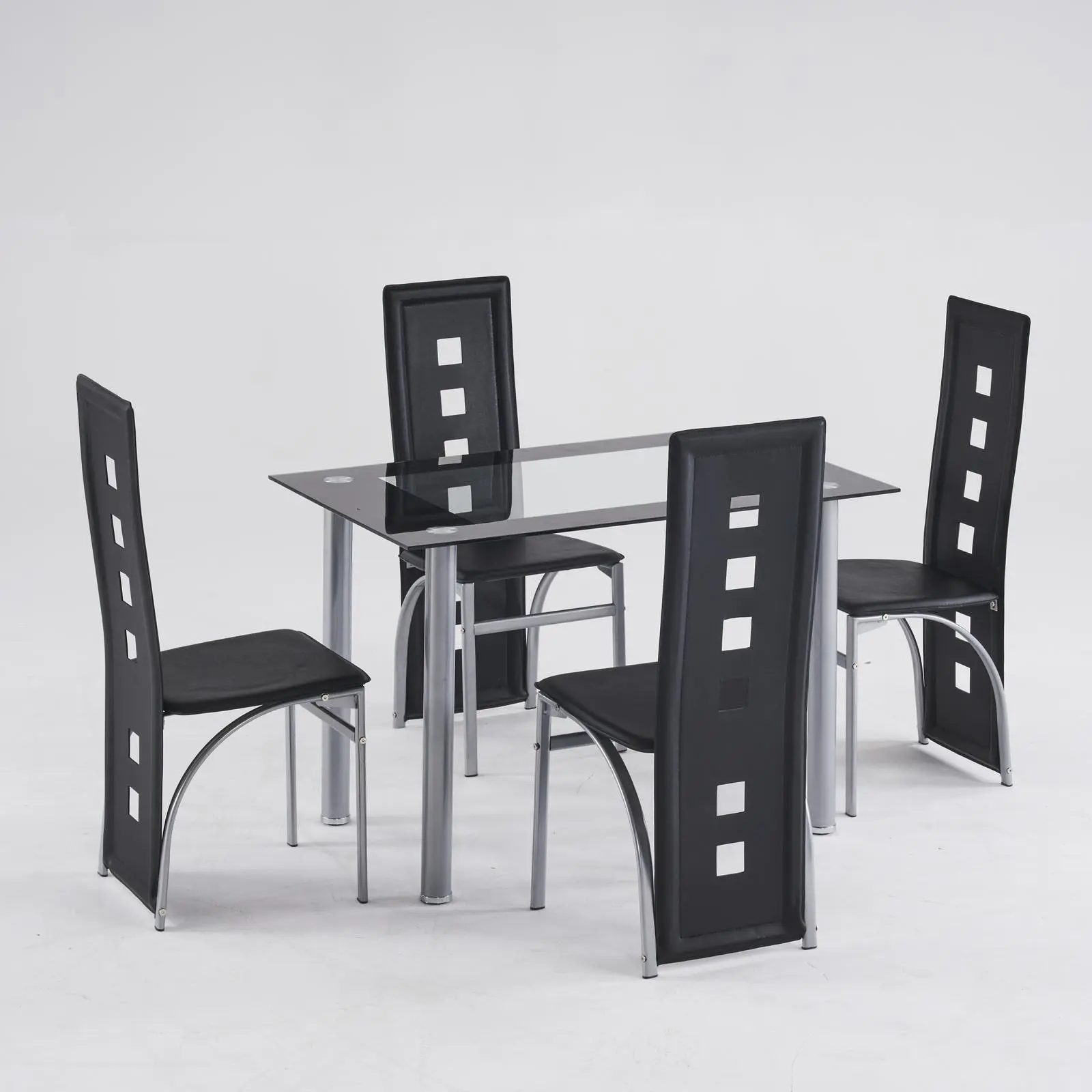 4-Piece Armless Modern PU Leather Dining Chairs Set - PVC & Metal Indoor Furniture with Long Backrest, Black Cushion, Electroplated Iron Legs, Square Hollow Design, Round Tube Frame, Durable, Assembly Required, 16.9 x 19.9 x 37.8 inches, Sit-Down Dining R