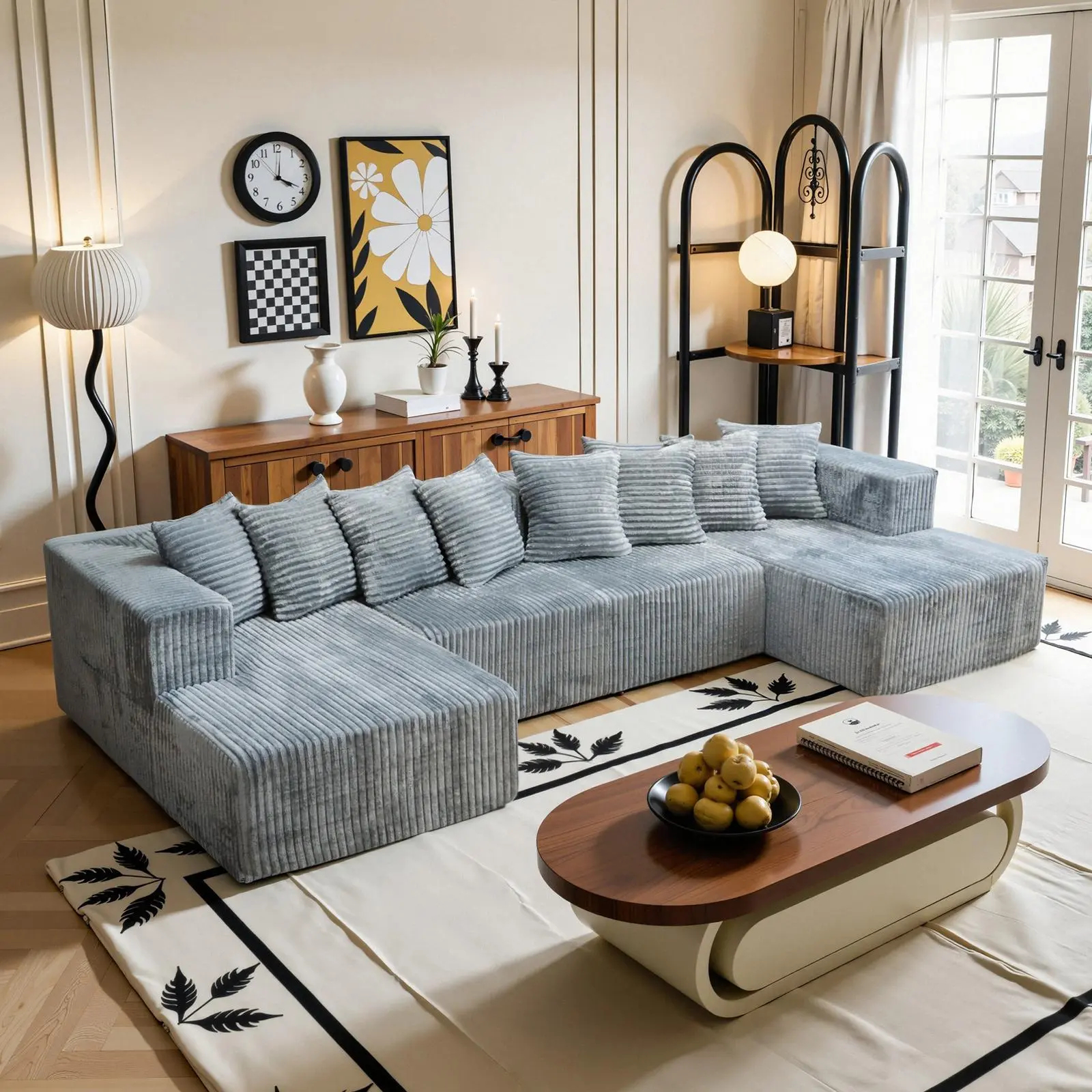U-Shape Modular Boneless Sectional Couch - Compressed Corduroy Modern Sleeper Sofa with Fixed Arms, Pre-Assembled Space-Efficient Convertible Couches for Living Room, Indoor Sofas Living Room Furniture (2 Packages Shipping),dorm essentials,home decor
