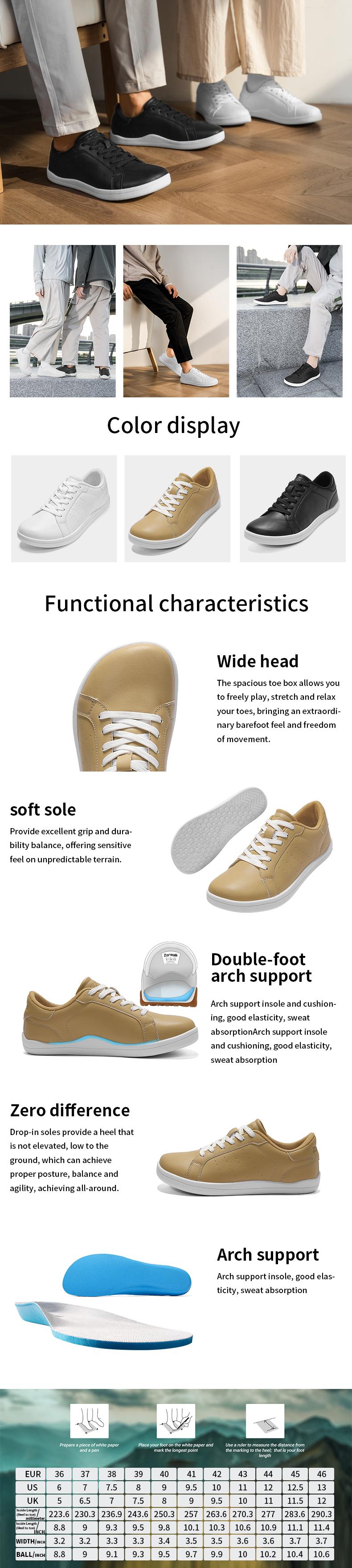 ZorWalk W007 Unisex Wide Barefoot Shoes for Men & Women Minimalist Zero Drop Leather Sneakers with Memory Foam Insole & Non-Slip Sole