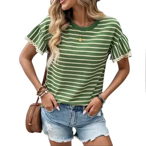 Shewin 2026 Spring/Summer Women's Casual Striped Ruffle Sleeve Top - Round Neck Loose Fit Cotton Ribbed Knit T-Shirt with Lace Trimmed Flounce Sleeves for Daily Wear