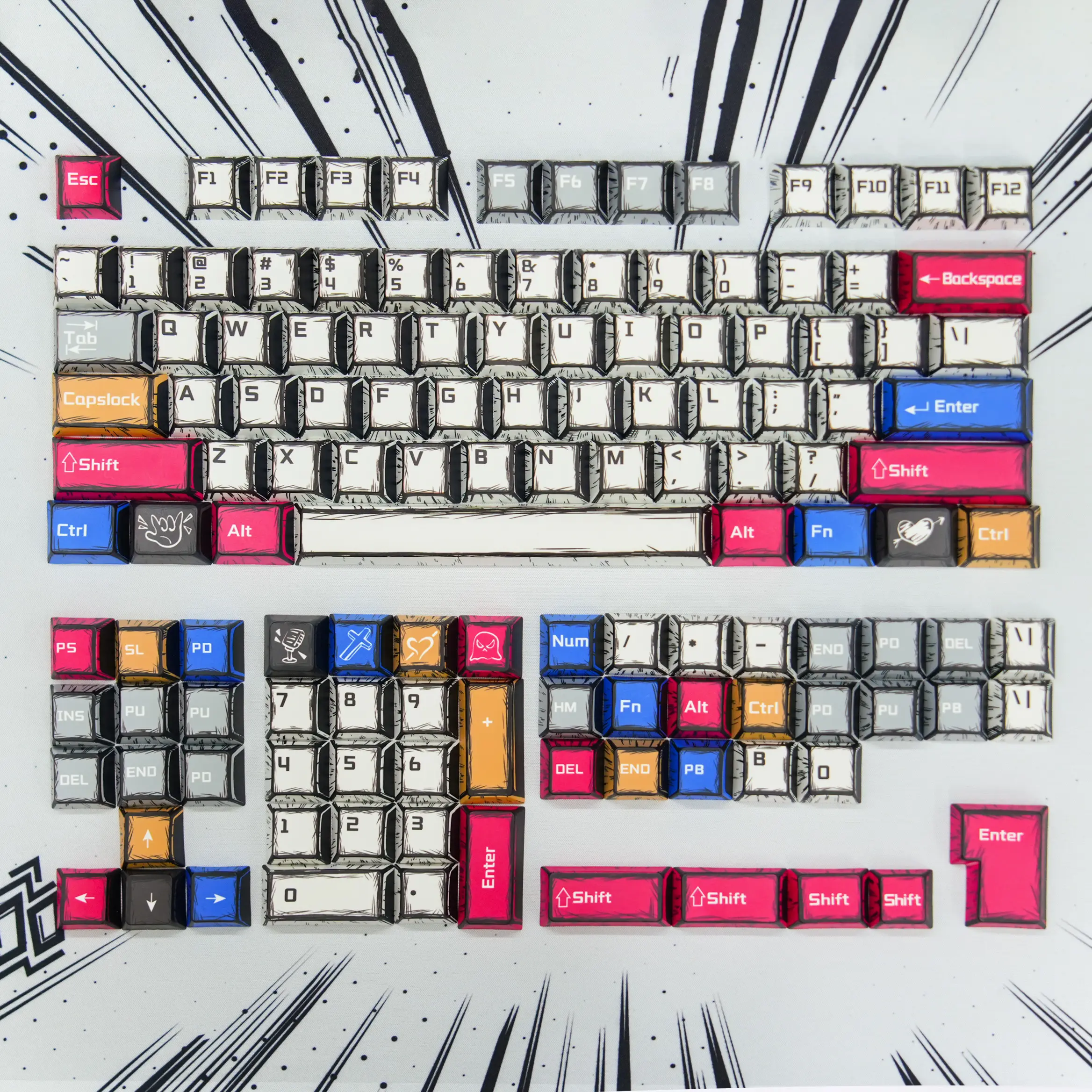 AULA Sketch Pop OEM Profile PBT Keycap Set - White Doodle Style, 130 Keys with Red & Blue Accents, MX Compatible for Mechanical Keyboards, Ergonomic Design