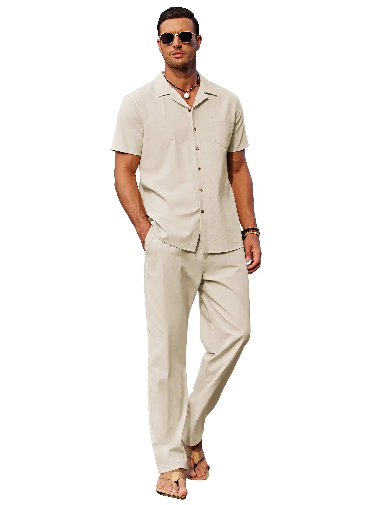 COOFANDY Men 2 Pack Linen Outfit Beach Button Down Shirt Casual Loose Pant Overalls Sets Cotton Fabric Menswear Shortsleeve Breathable Classic Collar Elastic Matching Relaxed Fit Suits Stylish Soft
