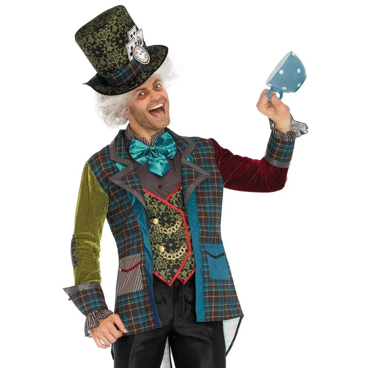 Men's Deluxe Mad Hatter Halloween Party Costume, Special Occasion Menswear Outfit with Neck Tie and Jacket, No Ironing Needed, Drip Dry, Cosplay Attire