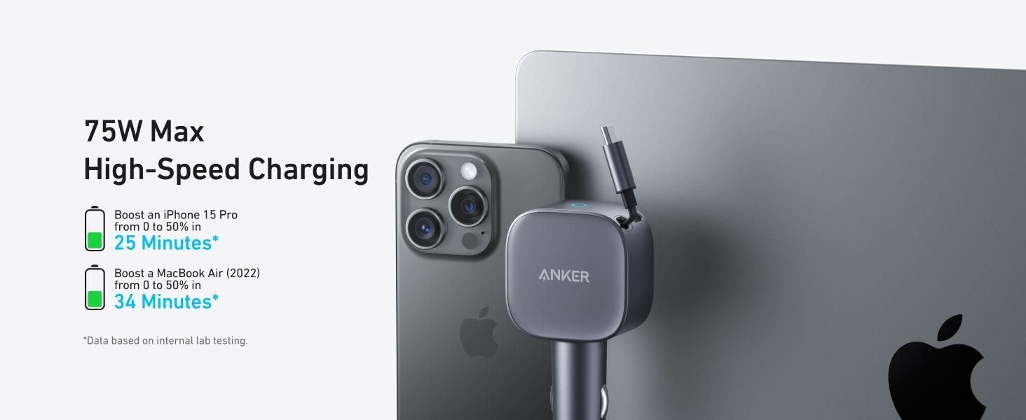 Anker USB-C Car Charger, 75W Max Fast Charging, Sleek and Compact Design with Retractable Cable, for iPhone 17 / 16 / 15 Series, Samsung S24 / S23, MacBook, and More