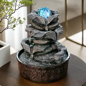 Four-Layer Rock Fountain, 9.84-Foot Tall Tabletop Waterfall Fountain with LED-Lit Rock Layers, Resin Indoor Fountain for home/Office Decor, Humidifier & - Sound of Flowing Water, Festival Gift