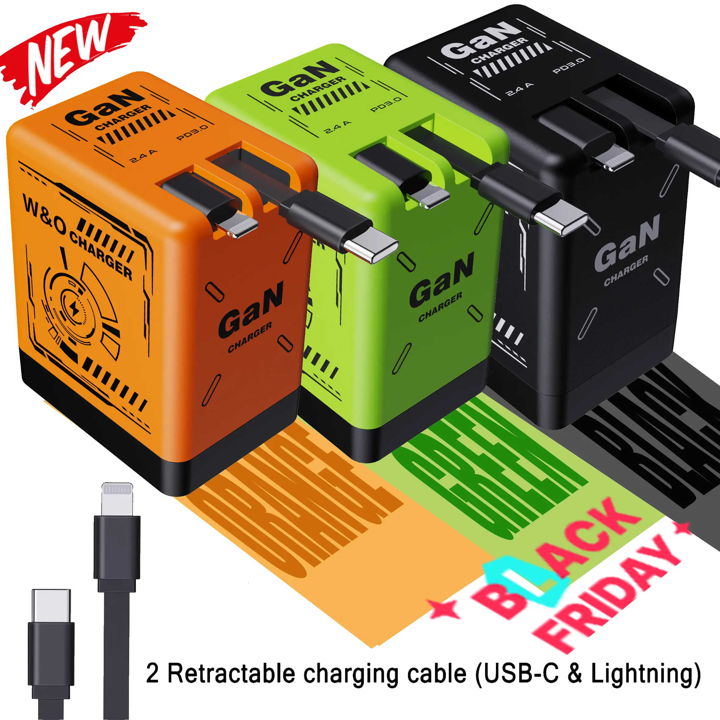 2 in 1 GaN Charger(Type C/Lightning) | Wall Charger | Retractable Type-C Cable + Foldable Plug | Dual Smart Charging Ports | Travel Charger for iPhone | Gift Under $20 Smartphone Electronic Device Cellphone charger