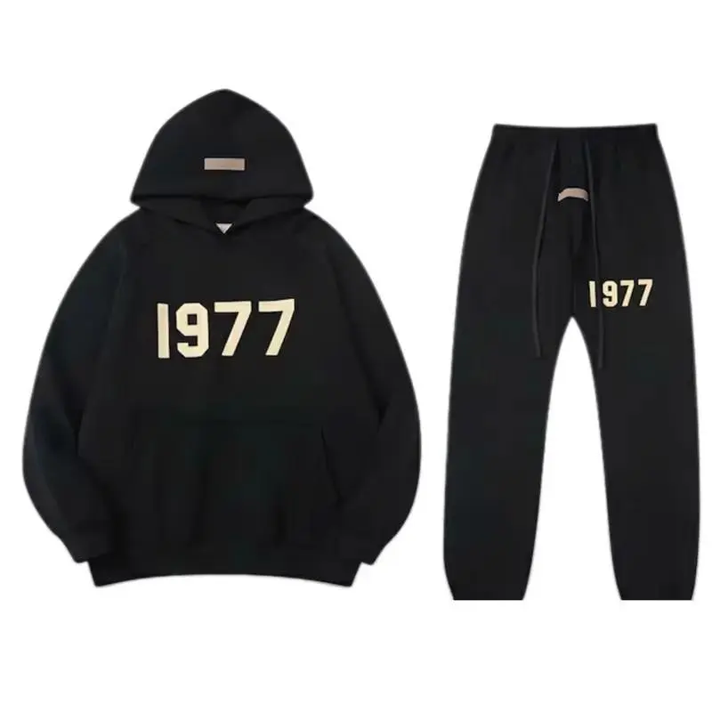 Unisex Black 1977 Print Hoodie Sweatpants Set, Street Tracksuit, Streetwear Pants Suit, Outdoor Wear Daily Wear, Winter Apparel, Gift For Him Her