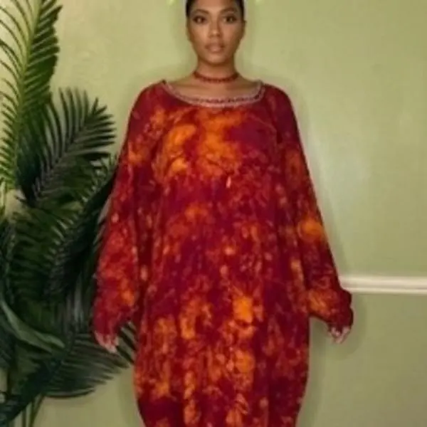 MAKD by satousha Amara Red Batik Kaftan Dress | Modest Loose Silhouette Traditional African Clothes for Women, Special Events & Ramadan, Style, Elegant, Loose Cut, Chic