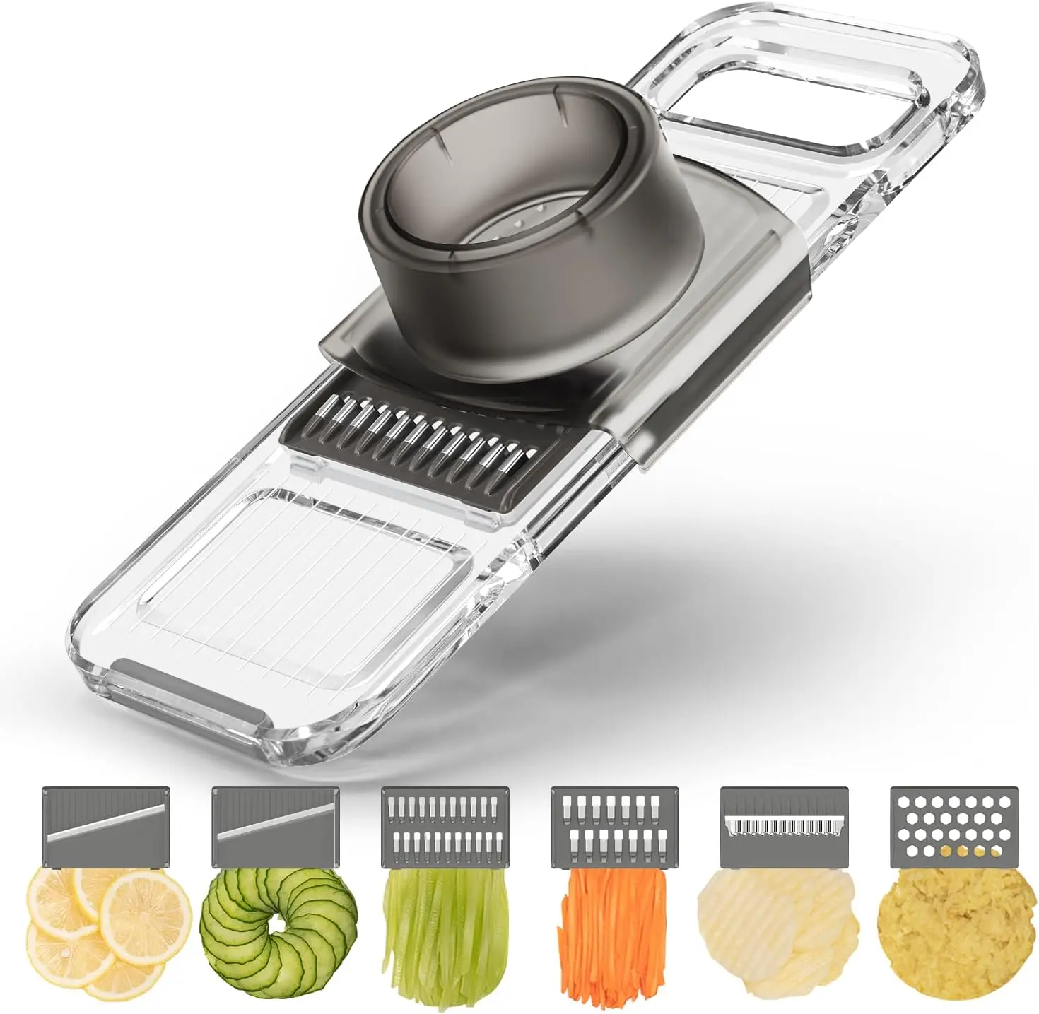 KEOUKE Transparent Multifunctional Mandoline Slicer - 6 Interchangeable Blades, Handheld Kitchen Utensil with Hand Guard for Meal Prep, Homemade Snacks, Herbs, Garnishes, Safety First Fast Cutting Tool