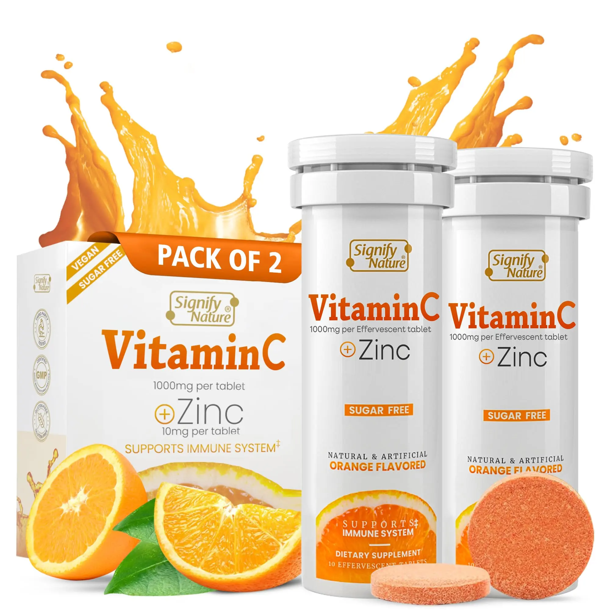 SIGNIFY NATURE Liquid Vitamin C with Zinc Effervescent Tablets – Immune Support - Sugar Free & Vegan Vitamin C Dietary Nutrition Supplement Daily Dietary Supplement