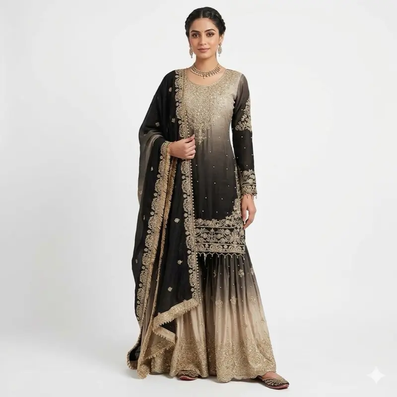 Women's Indian Sharara Suit Ensemble - Indian Attire, Ethnic Wear, Casual Summer Long-Sleeve Black & Gold Embellished Comfort Maxi Dress, Clothes