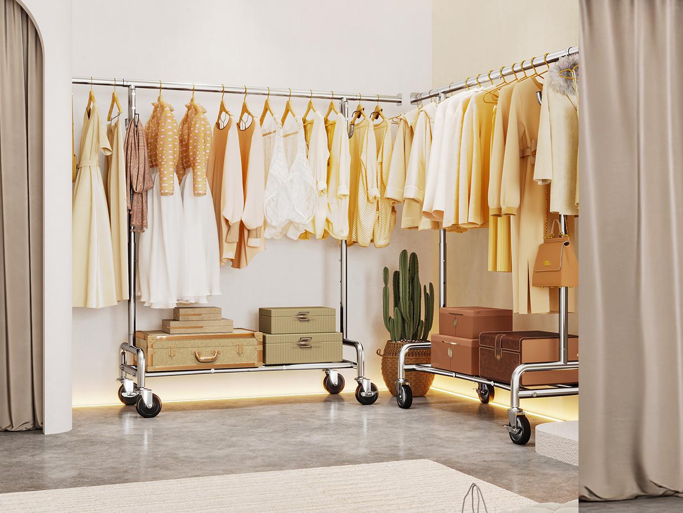 Raybee Furniture Clothes rack for hanging Clothes Rack with Hooks, Extendable & Height Adjustable Clothing Rack, Heavy Duty Clothes Racks Holds Up to 220LBS,Coat Rack, Portable Rolling Garment Rack with Lockable Wheels & 4 Hooks, Chrome