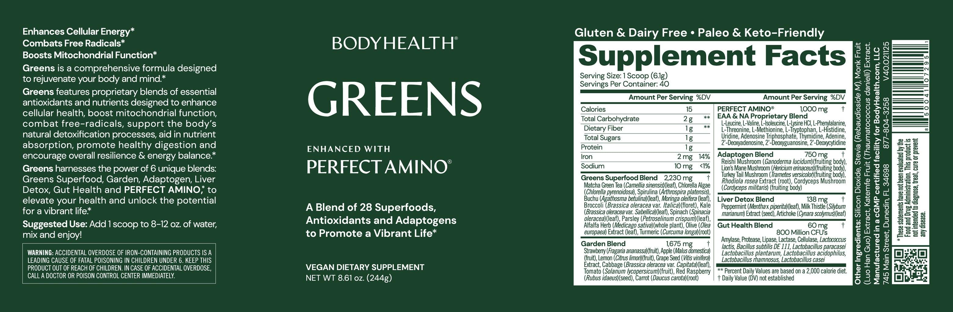 BODYHEALTH Greens with Perfect Amino - 26 Superfoods, Antioxidants, & Adaptogens for Optimum Performance & Vitality - Vegan, Gluten-Free, Dairy-Free Supplement