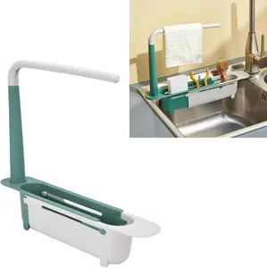 1PCS Telescopic Sink Storage Rack, Kitchen Drain Basket Soap Sponge Holder with Towel Hanger, Retractable Sink Organizer Drying Rack for Kitchen Accessories