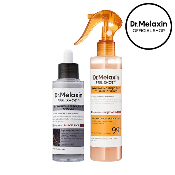[Dr.Melaxin Official] Body & Face Peel Shot Duo - Glow Rice Peeling Ampoule Gentle Exfoliant Korean Radiant Skin Care Pure Kojic Acid & Turmeric