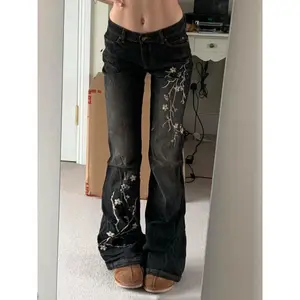 Denim pants with floral embroidery, vintage 2000s low waisted flared jeans, women's retro loose denim pants, high street basic pants, pocket bottom