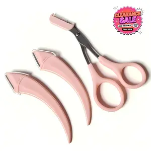 Salon Secret Eyebrow Shaving & Trimmer Kit, Bathroom Beauty Essential, 2 Pink Curved Razors + 1 Scissors, Stainless Steel Blades, No Nicks, Beginner Friendly, Perfect Contours, Smooth Brows Makeup