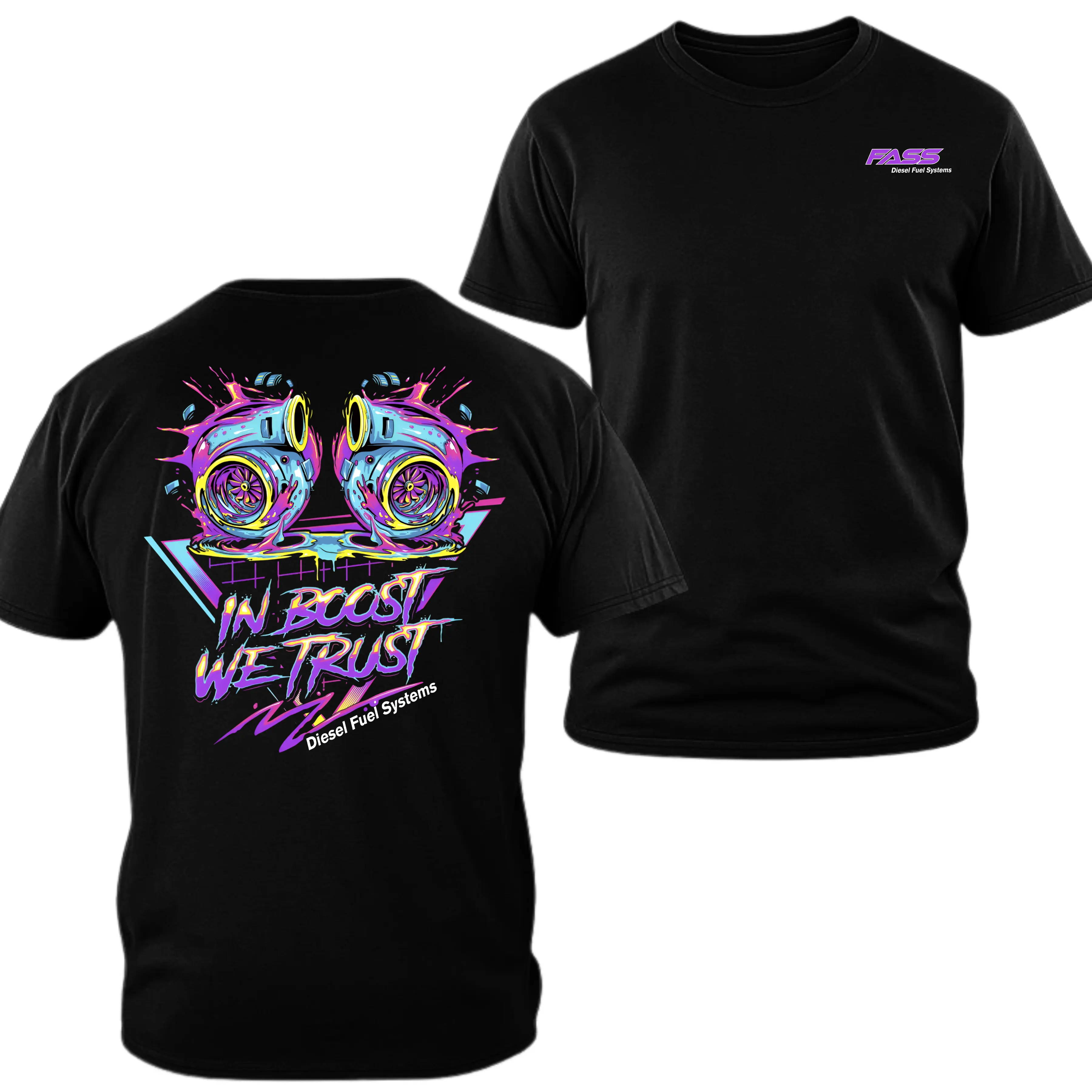 FASS Diesel Fuel Systems T-shirt, In Boost We Trust Graphic, 2 Sides, Soft Cotton Shirt, Diesel Performance Truck Apparel for Men & Women