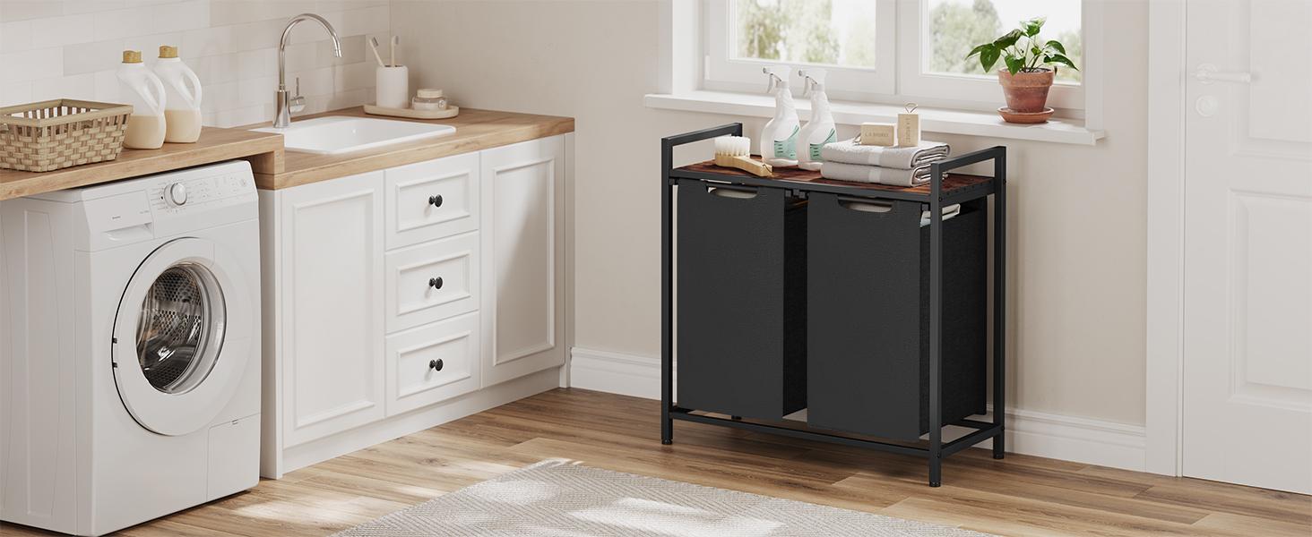 SONGMICS HOME VASAGLE Laundry Sorter with Top Shelf and Pull-Out Bag, Compartment Modern Irregular Laundry Basket Organiser