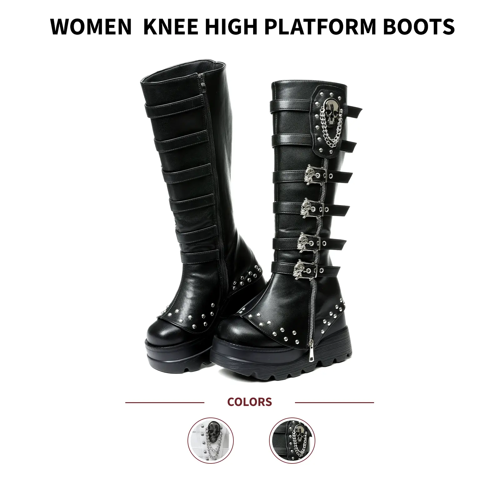 VIMISAOI Platform Boots For Women Round Toe Chunky Wedge Heel Side Zipper Skull Buckle Chain Rivets Side Zipper Gothic Punk Concert Rave Festival Motorcycle Cosplay Fall Comfortable Fashion Shoes Knee High Boots