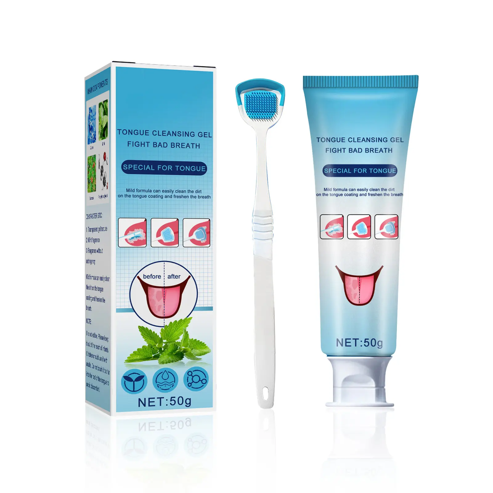 Tongue Cleaner Kit with 2-in-1 Scraper Brush & Mint Gel - Oral Care Freshener for Bad Breath Treatment and Deep Detox, Tongue Scraping Tool, Freshener Oral Care Kits, Cleansing, Water, Bad Breath Fix, Breath Freshening Oral Care Kits