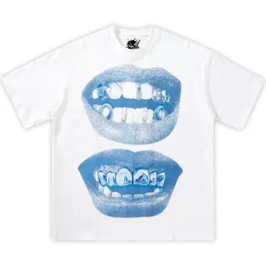 Double Blue Lips Grillz Boxy Cotton Tee Shirt Boxy Shirt Opium, Y2K, Fashion, Streetwear, Unisex, Men, Women, Cotton, Crew Neck, Y2K Golf Gift T-Shirt For Men And Women