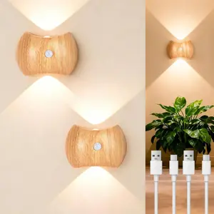 Motion Sensor Wall Lights Indoor - Rechargeable Wall Lights Up & Down, Wireless Battery Operated Wall Sconce Set of 2 for Bedroom, Hallway, Stair, Living Room Decor, Wood Cordless Magnetic Lamp Light