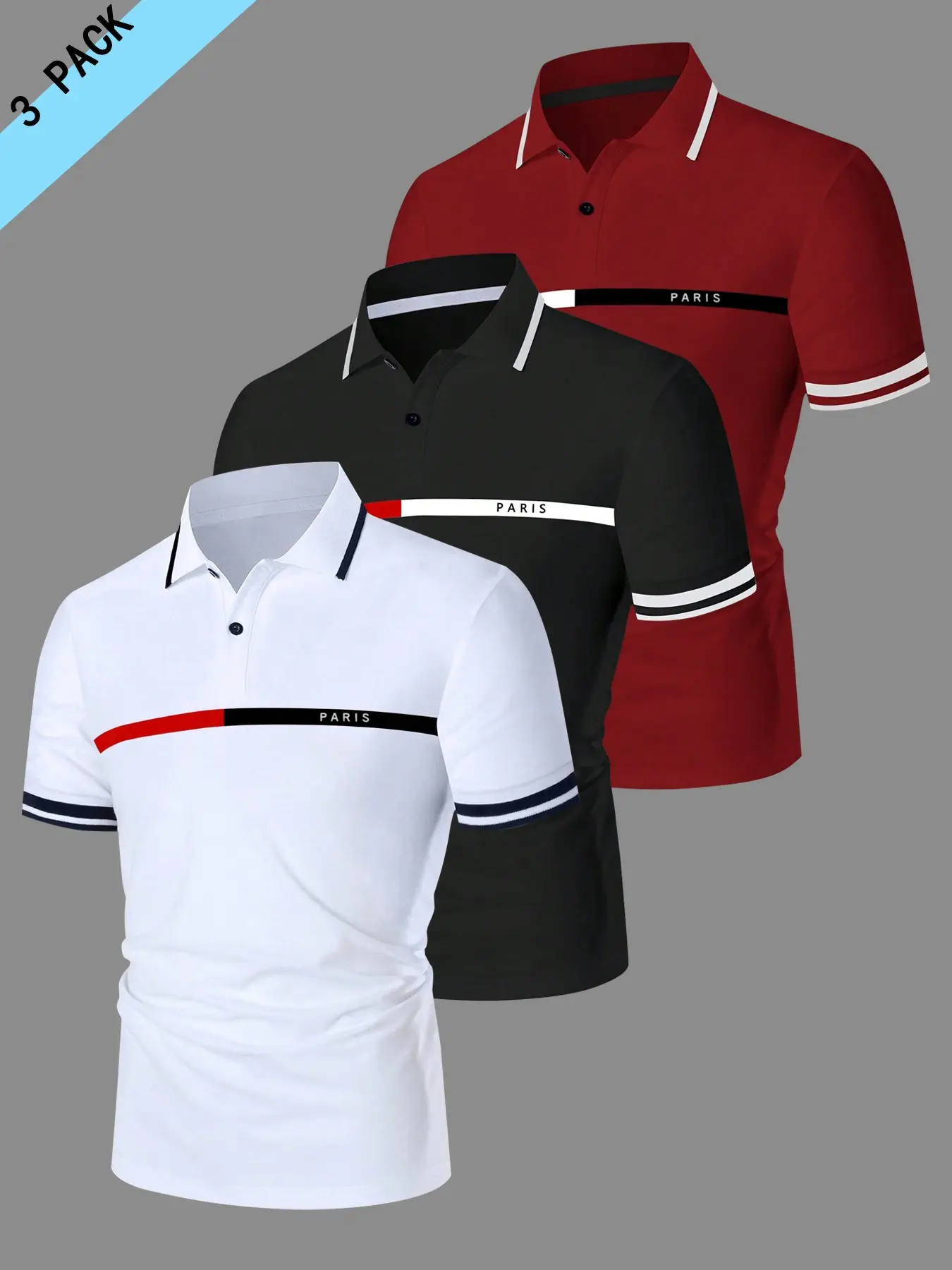 Men's Polo Shirt Set, Classic Fashion Striped Paris Letter Graphic Print, Quick-Dry Breathable Short Sleeve Sporty Sports Performance Polo Shirts, Casual Fitted Tee