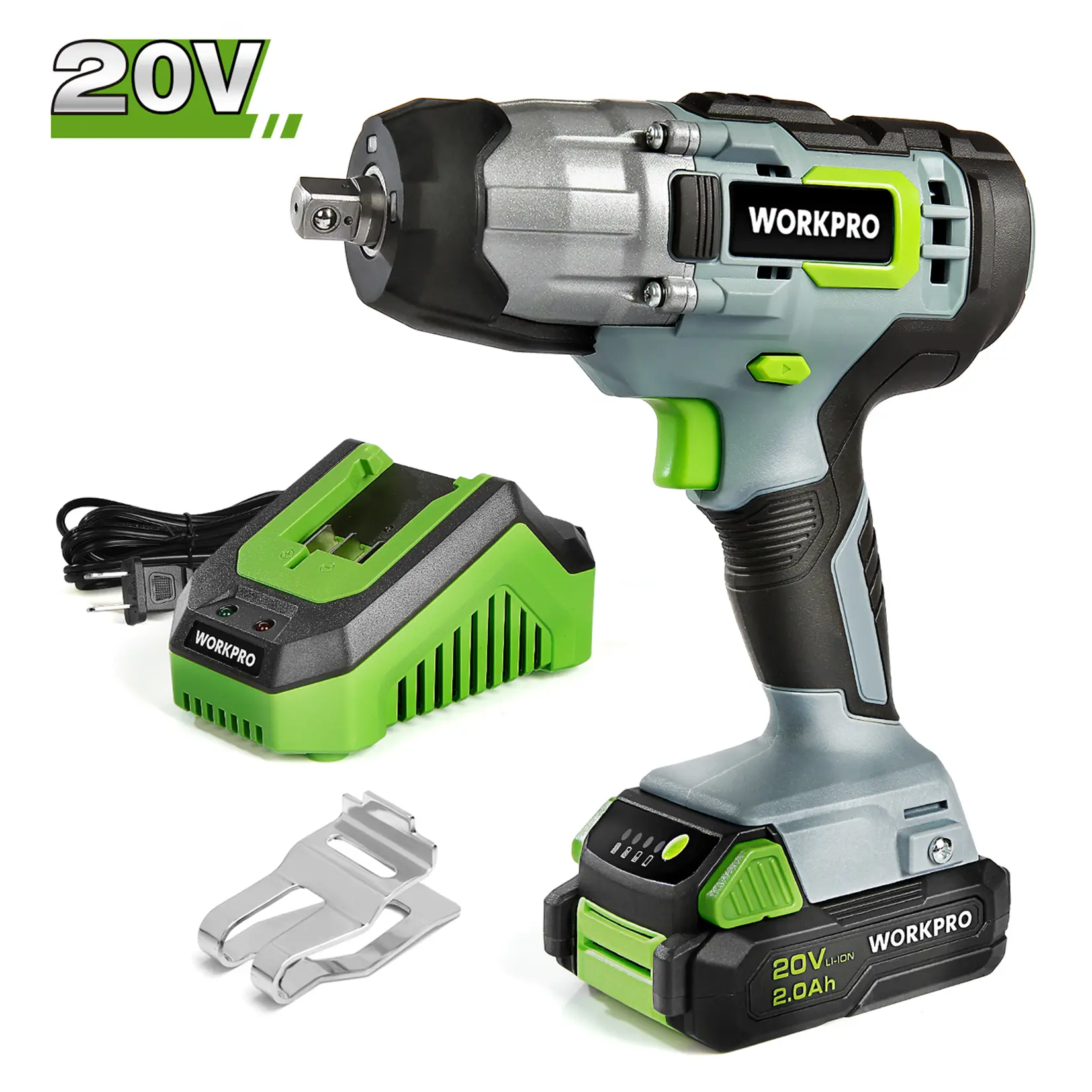 #backtoschool WORKPRO 20V Cordless Impact Wrench, 1/2-inch, 320 Ft Pounds Max Torque, 2.0Ah Li-ion Battery with Fast Charger, Belt Clip for Easy Carrying
