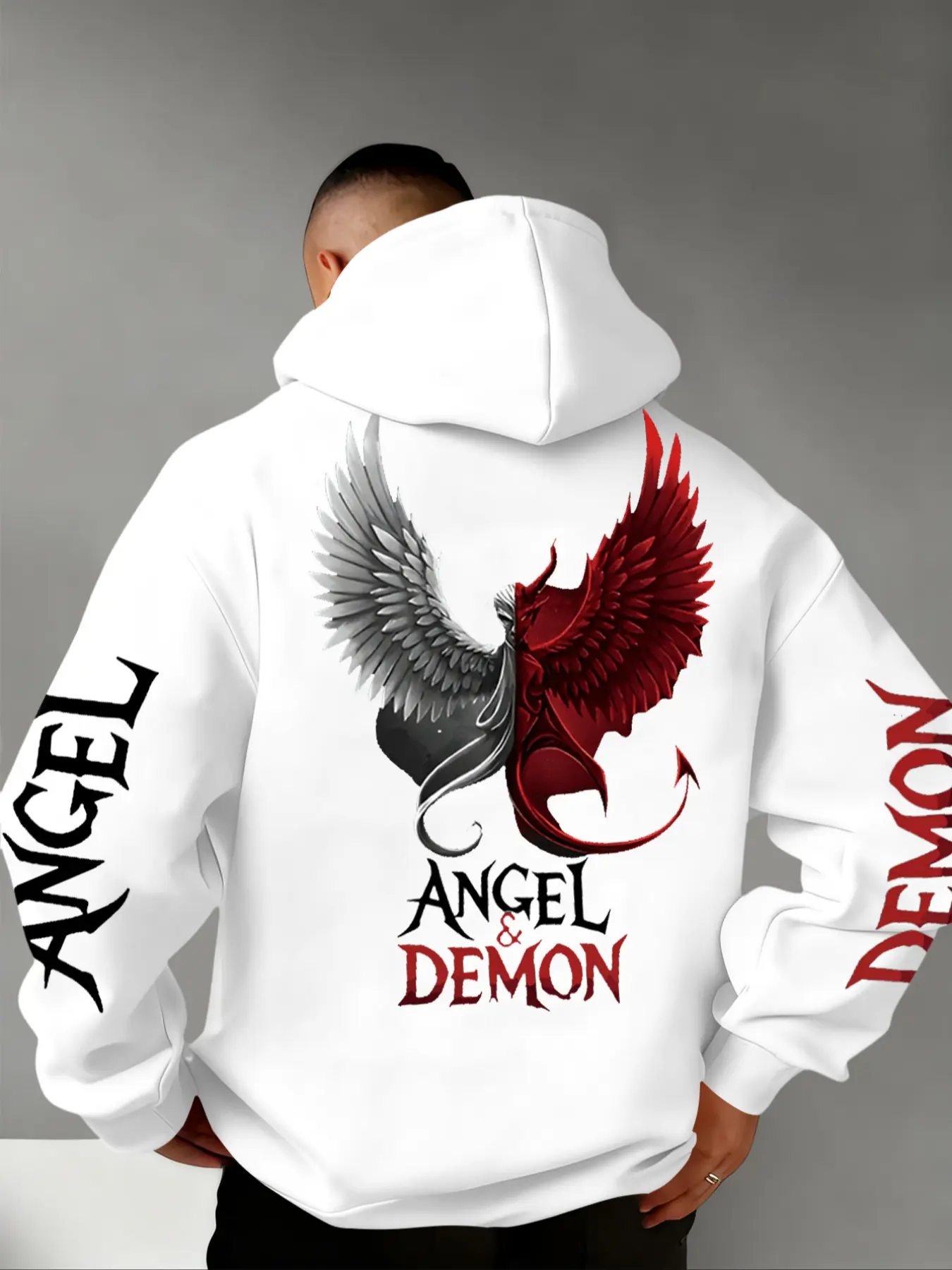 Men's Demon & Angel Print Hoodie, Warm and Comfortable Goth Sweatshirt for Fall & Winter, Soft Cotton Fabric, Casual Wear, Suitable for Wearing Alone or Layering, Graphic Hoodies, Gothic Printed Hoodie, Gothic Style Hoodie, Hooded Sweatshirts
