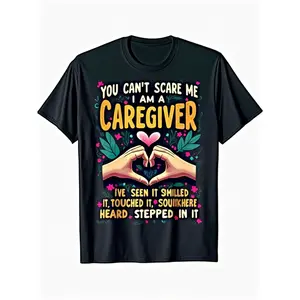 You Can't Scare Me I'm a Caregiver T-Shirt - Funny Nursing Assistant Gift, Heavyweight 220gsm Black Tee with Heart Hands & Medical Symbols, Unisex Adult Casual Workwear  Tshirt graphic tee men's t shirts funny graphic tee good graphic tees