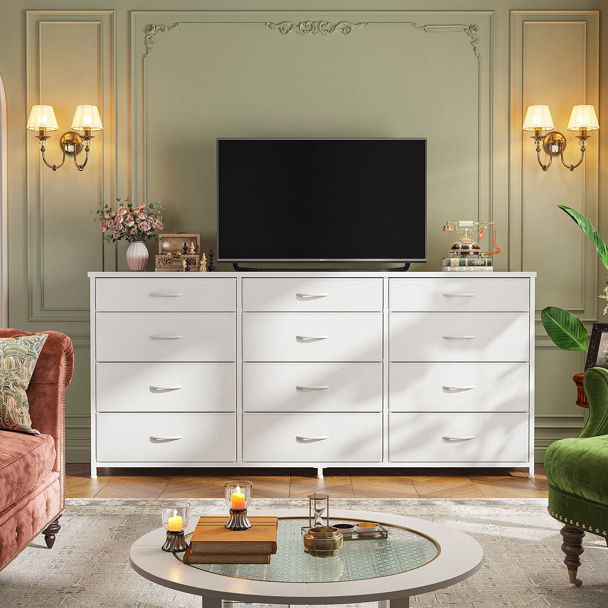 Raybee Modern 12-Fabric-Drawer Sturdy Wooden Dresser, Large Storage Organization Unit for Clothes, Space-Saving Apartment Furniture for Small Spaces, Room Decor Closet Organizer Cabinet for Bedroom, Living Room, Sliding Door, Drawer Storage Cabinet, Moder