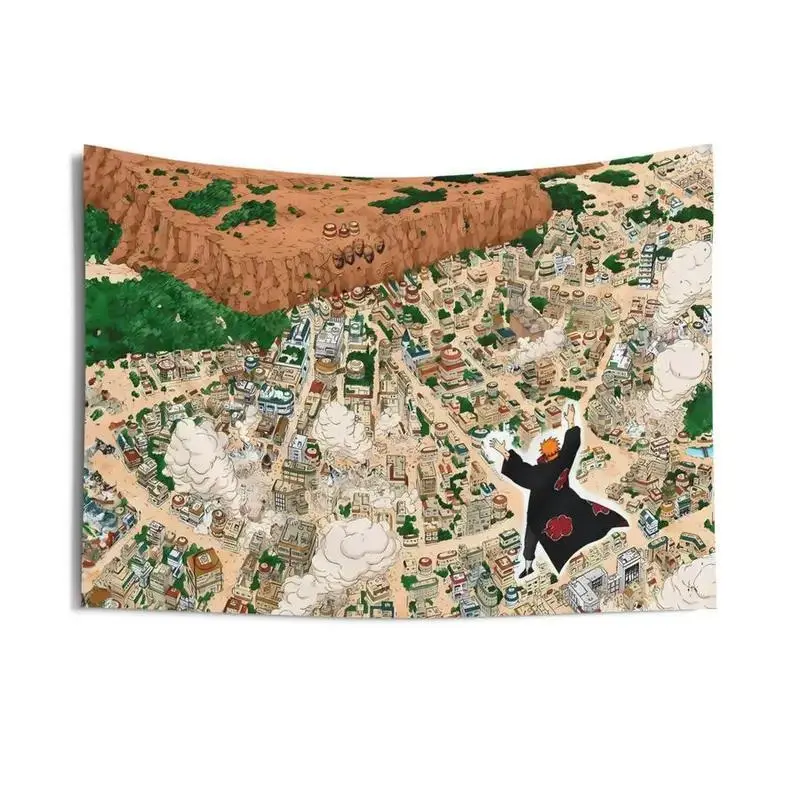 N4ruto Konoha Village Attack Anime Wall Tapestry - Pain vs Konoha Fade-Resistant High-Quality Paper Rolled Wall Art with Mount, Crisp & Vibrant Customizable Indoor Bedroom Decor