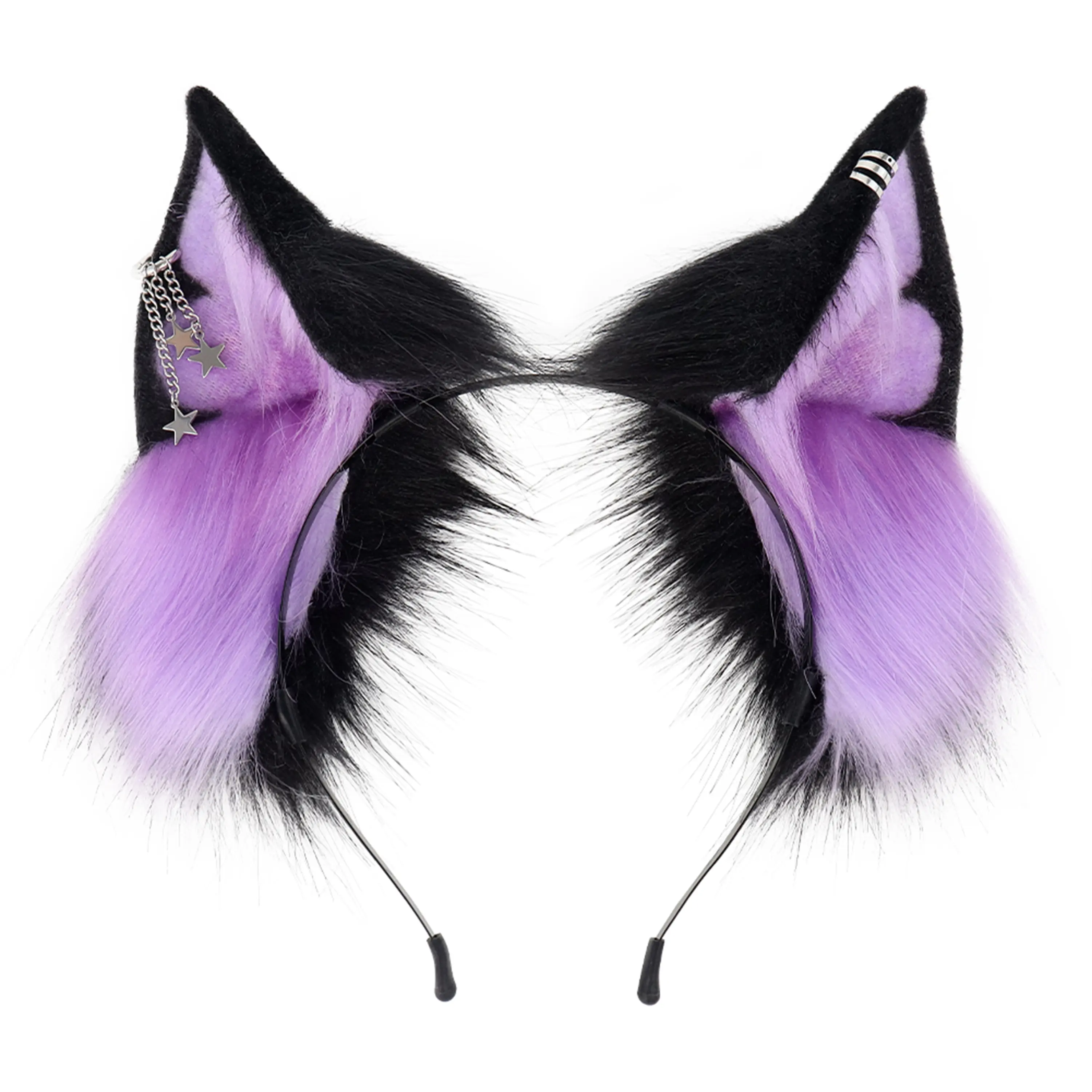 Gothic Faux Fur Wolf Ear Headband - Halloween Punk Cosplay Hair Accessory with Chain, Silicone Accents, Lightweight Star Design, Black and White Stripes for Costume Party, Anime Convention, Accessories, Comfortable