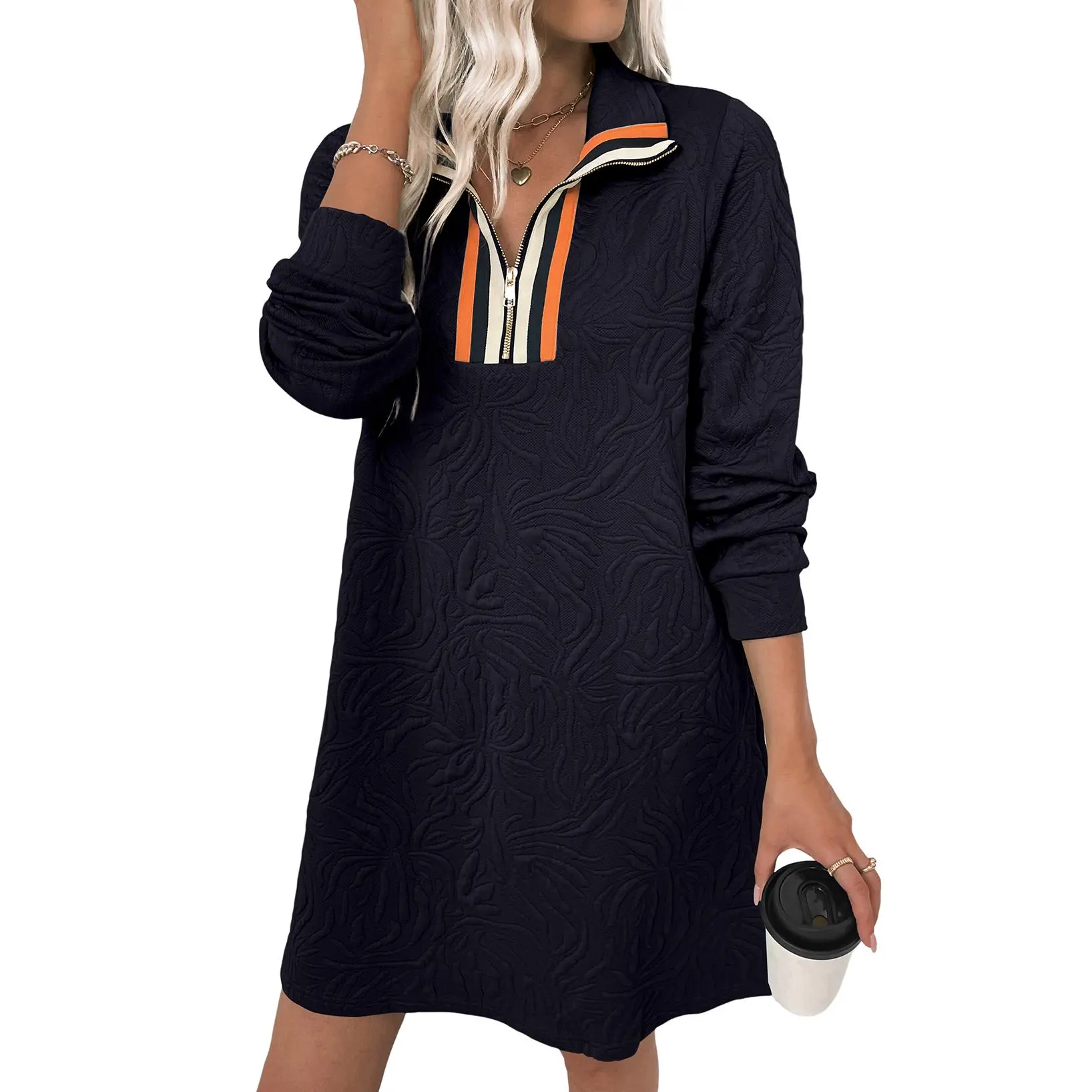 EVALESS Women's Casual Mock Neck Long Sleeve Quarter Zip Pullover Sweatshirt Mini Dress - Above Knee, Trending Clothes, Going Out Fall Ready-to-Wear Womens Dresses