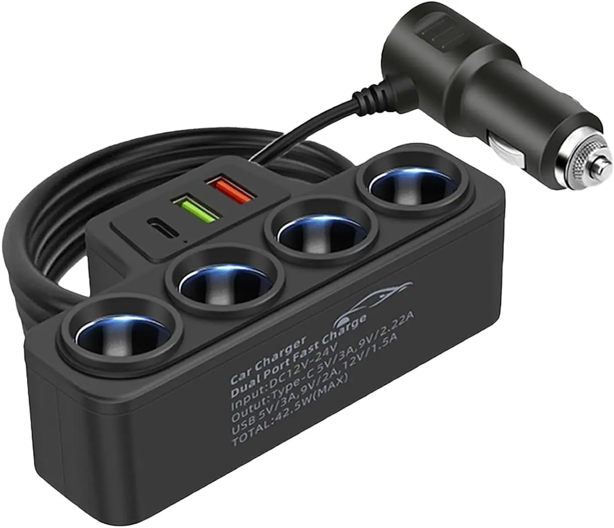 120W Car Cigarette Lighter Splitter, 4 in 1 Multi-Function Outlet Adapter with PD FastCharger & 2 USB Ports 12V/24V Cigarette Lighter Splitter Qc3.0 forCarplay & GPS Electronic Cell Phone CarCharger for iPhone Android Accessories