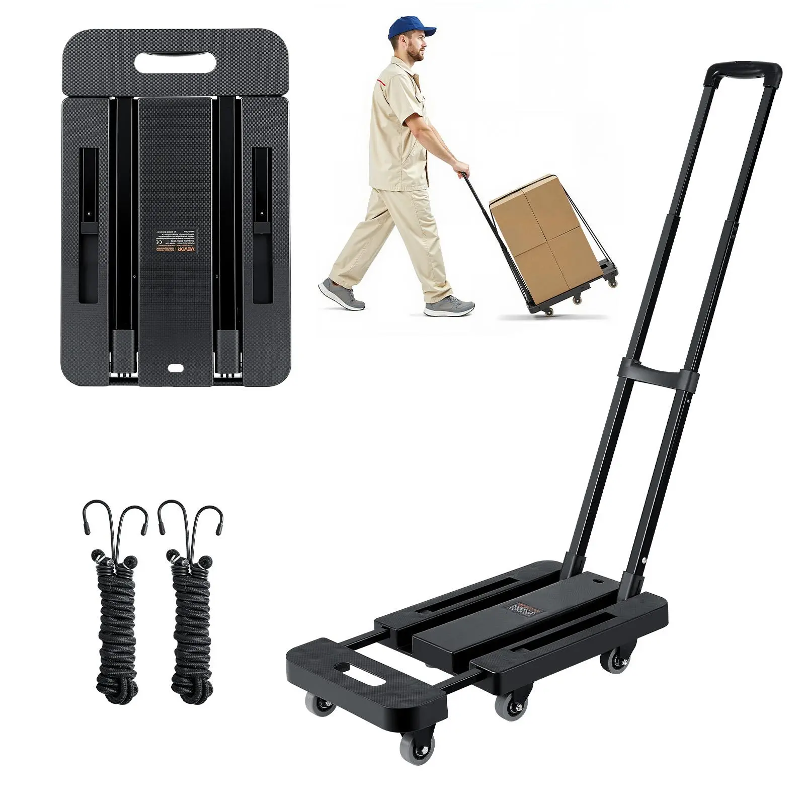【SummerFinds】VEVOR Folding Hand Truck Compact Versatile Travel Accessory, 110-500 lbs Load Capacity, 6 Transport Wheels, 2 Bungee Cords, Expandable Base, 22.1 x 12 x 39.8 Inch Utility Dolly for Airport Travel, Office Moving, Black