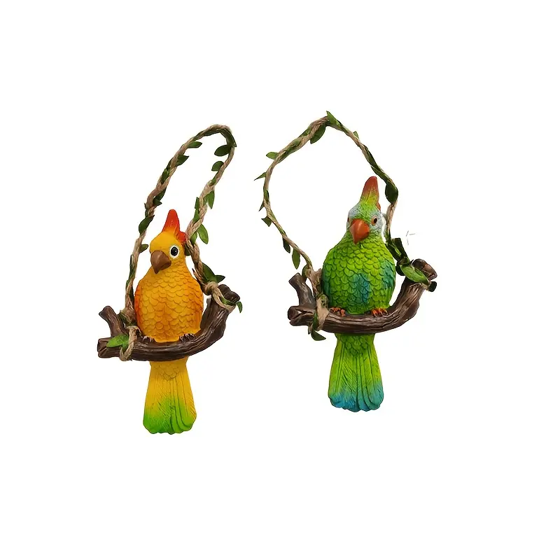 2pcs Durable Parrot Pendant Swing Sculptures, 2-Piece Resin Art Gifts, Yellow-Green Hanging Decor for Home Garden