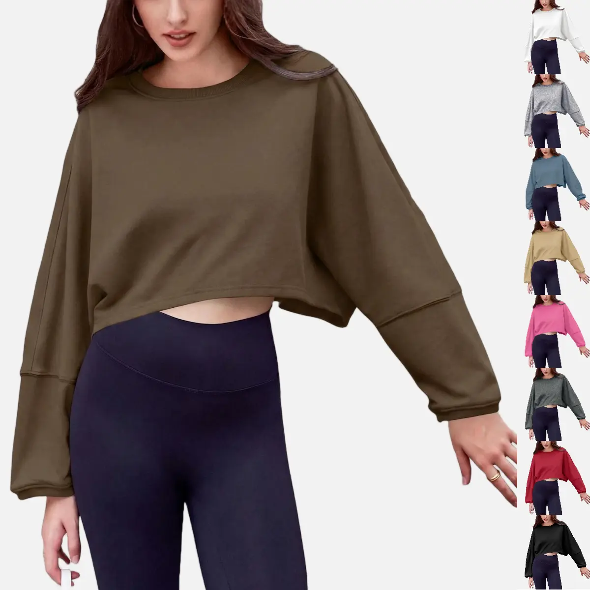 PASLTER Women's Long Balloon Sleeve Oversized Cropped Crew Neck Loose Fit Athleisure Pullover Sweatshirts, Casual Workout Tops, Long Sleeve, Athleisure Women's Pullover Sweatshirts
