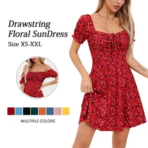 Women's Puff Short Sleeve Fit and Flare Casual Drawstring Floral Mini Sun Dresses  Summer Vacation