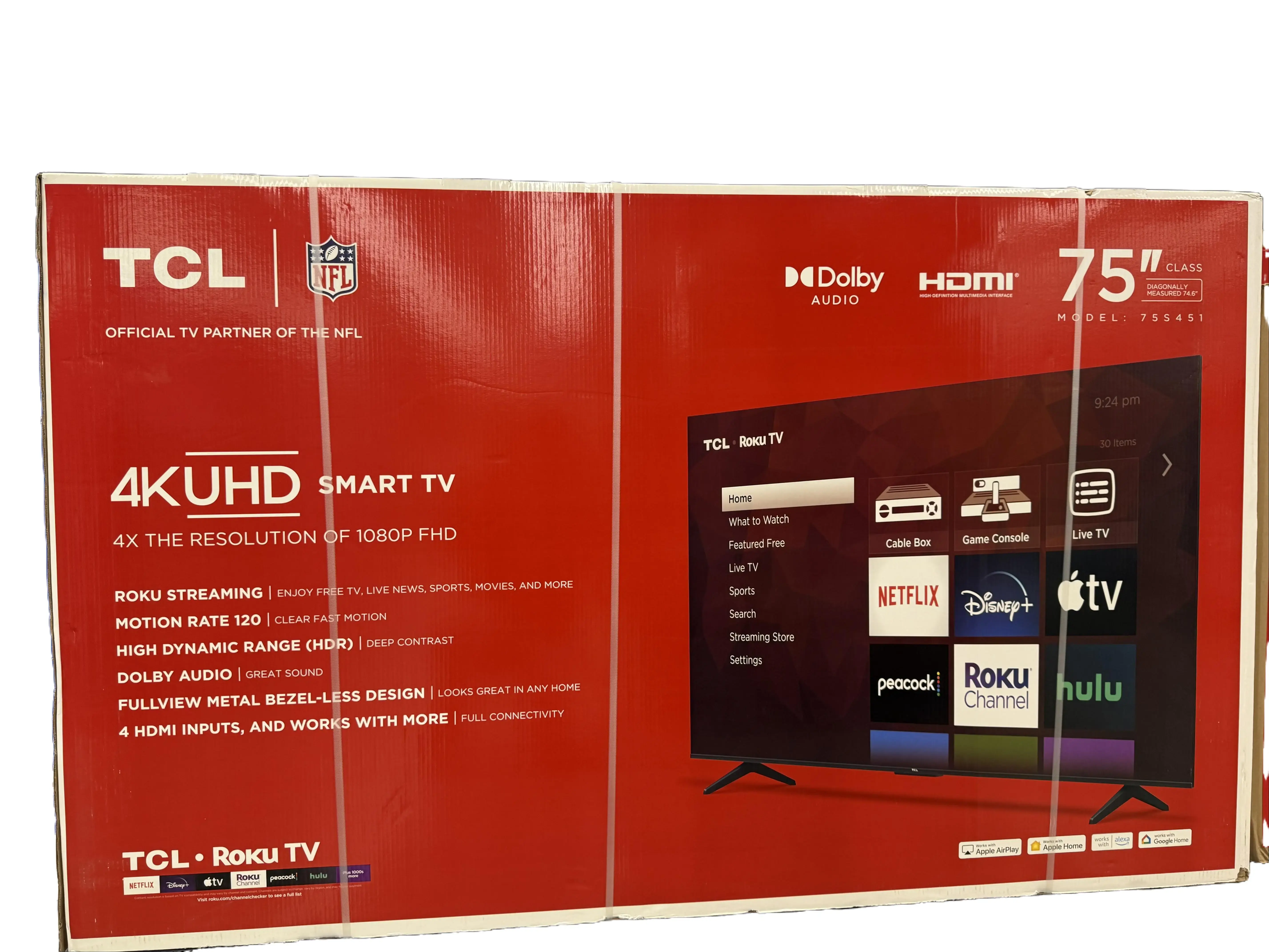 TCL 75” Class S4 (75S451) 4K UHD HDR Smart TV with Roku TV